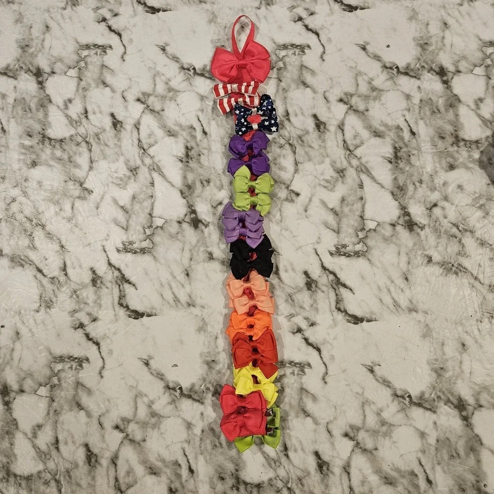 24 Girls Hair Bows Lot Solid Colors Patriotic Alligator Clips Pink Ribbon Hanger